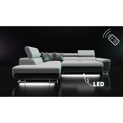 Rozkládací sedačka s úložným prostorem a LED podsvícením SAN DIEGO - černá ekokůže / šedá, levý roh