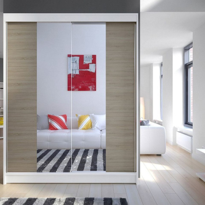 Zrcadlová šatní skříň CHANNA 2 - šířka 150 cm, bílá / sonoma