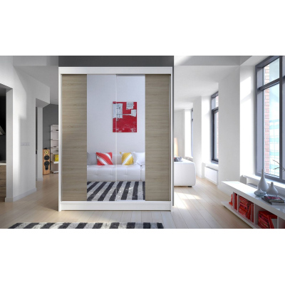Zrcadlová šatní skříň CHANNA 2 - šířka 150 cm, bílá / sonoma