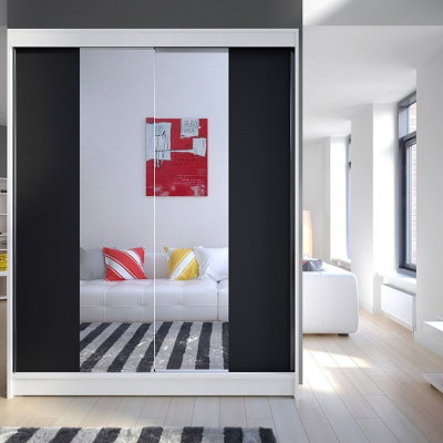 Zrcadlová šatní skříň CHANNA 2 - šířka 150 cm, bílá / černá