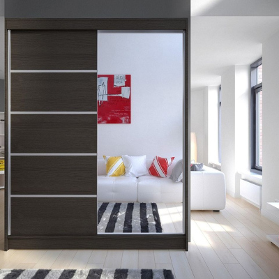 Zrcadlová šatní skříň CHANNA 3 - šířka 150 cm, čoko