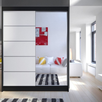 Zrcadlová šatní skříň CHANNA 3 - šířka 150 cm, černá / bílá