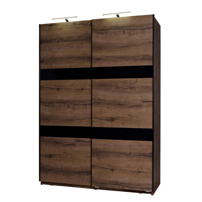 Šatní skříň 150 cm s LED osvětlením PEORIA 3 - dub monastery / lesklá černá