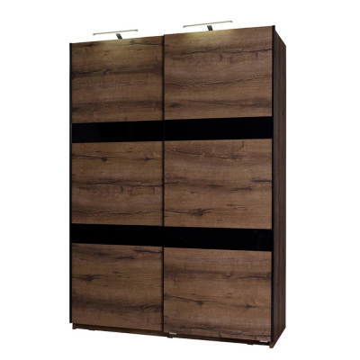 Šatní skříň 150 cm s LED osvětlením PEORIA 3 - dub monastery / lesklá černá