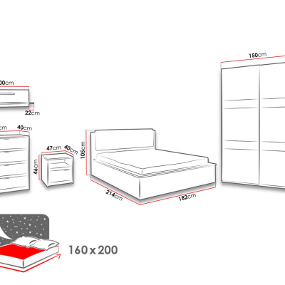 Ložnicová sestava s postelí 160x200 PEORIA 8 - dub monastery / lesklá černá