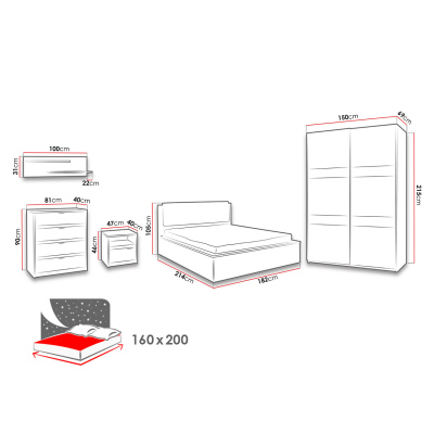Ložnicová sestava s postelí 160x200 PEORIA 8 - dub monastery / lesklá černá
