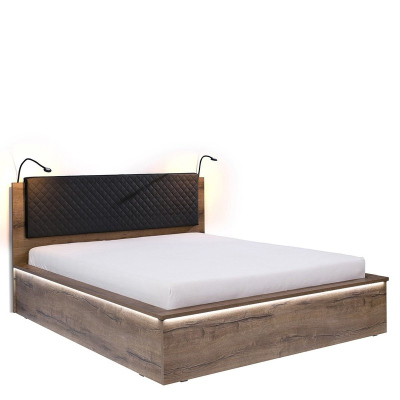 Manželská postel s LED osvětlením 160x200 PEORIA - dub monastery / černá ekokůže