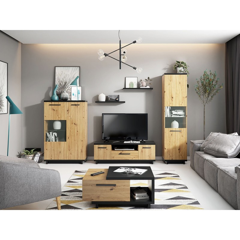 Nábytek do obývacího pokoje s LED osvětlením DELAWARE 1 - dub artisan / matná černá