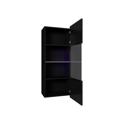 Prosklená závěsná vitrína s LED modrým osvětlením CHEMUNG - bílá / lesklá bílá