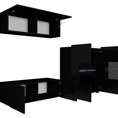 Obývací stěna s LED bílým osvětlením CHEMUNG 5 - černá / lesklá černá