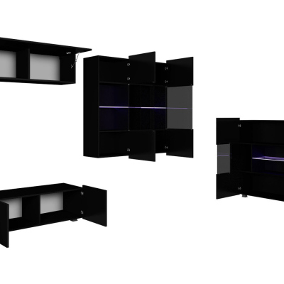 Sestava do obývacího pokoje s LED bílým osvětlením CHEMUNG 12 - černá / lesklá černá