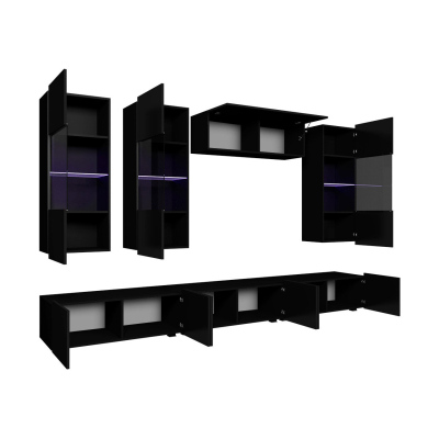 Obývací stěna s LED bílým osvětlením CHEMUNG 11 - černá / lesklá černá