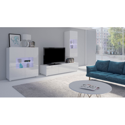 Sestava do obývacího pokoje s LED modrým osvětlením CHEMUNG 8 - bílá / lesklá bílá