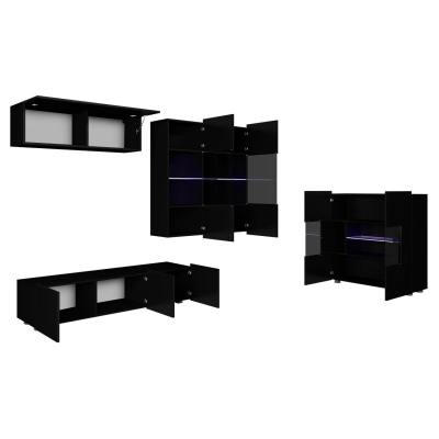 Sestava do obývacího pokoje s LED bílým osvětlením CHEMUNG 7 - černá / lesklá černá