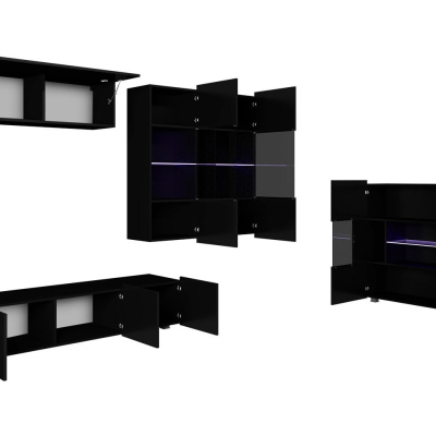 Sestava do obývacího pokoje s LED modrým osvětlením CHEMUNG 7 - černá / lesklá černá