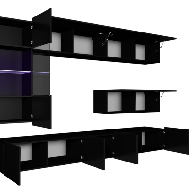 Obývací stěna s LED modrým osvětlením CHEMUNG 4 - černá / lesklá černá