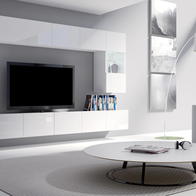 Obývací stěna s LED modrým osvětlením CHEMUNG 1 - bílá / lesklá bílá