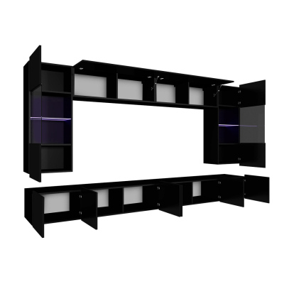 Obývací stěna s LED modrým osvětlením CHEMUNG 1 - lesklá bílá / lesklá černá