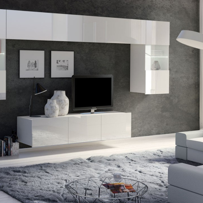 Obývací stěna s LED bílým osvětlením CHEMUNG 2 - bílá / lesklá bílá