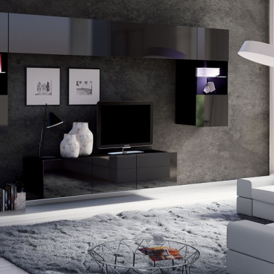 Obývací stěna s LED bílým osvětlením CHEMUNG 2 - černá / lesklá černá