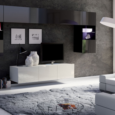Obývací stěna s LED bílým osvětlením CHEMUNG 2 - lesklá bílá / lesklá černá