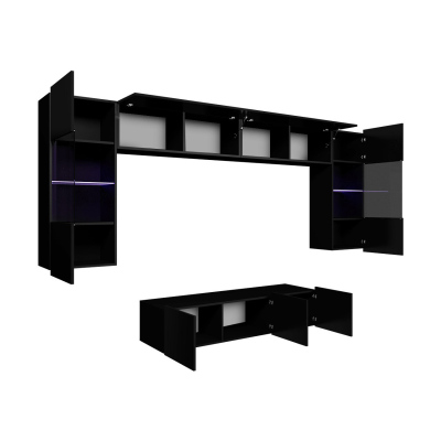 Obývací stěna s LED bílým osvětlením CHEMUNG 2 - černá / lesklá černá
