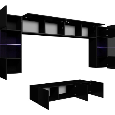 Obývací stěna s LED modrým osvětlením CHEMUNG 2 - černá / lesklá černá