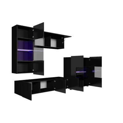 Obývací stěna s LED modrým osvětlením CHEMUNG 3 - lesklá bílá / lesklá černá