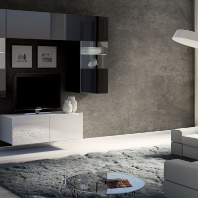Obývací stěna s LED bílým osvětlením CHEMUNG 10 - lesklá bílá / lesklá černá