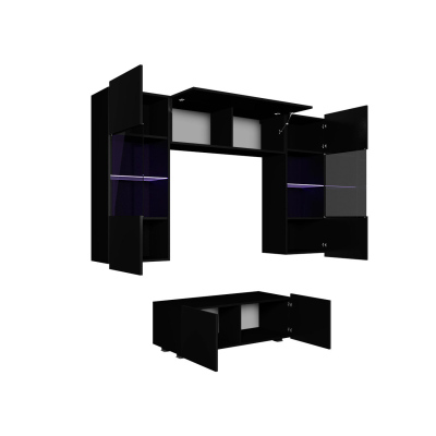 Obývací stěna s LED modrým osvětlením CHEMUNG 10 - černá / lesklá černá