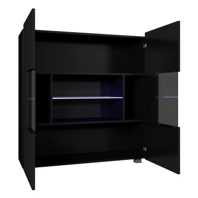 Prosklená komoda s LED bílým osvětlením CHEMUNG - černá / lesklá černá