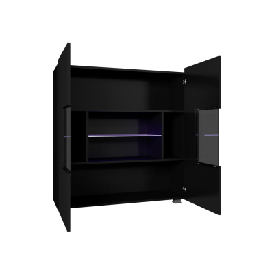 Prosklená komoda s LED bílým osvětlením CHEMUNG - černá / lesklá černá