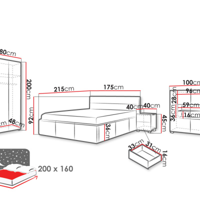 Ložnicová sestava s LED modrým osvětlením a s postelí 160x200 cm CHEMUNG - černá / lesklá černá / bílá ekokůže