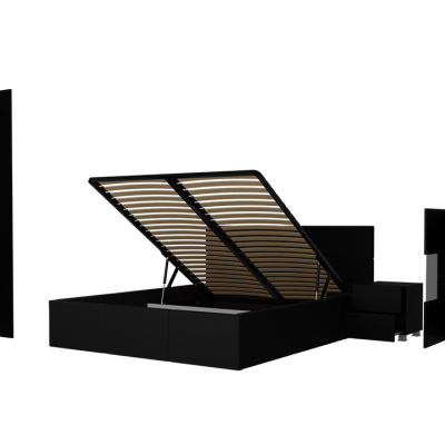 Ložnicová sestava s LED bílým osvětlením a s postelí 160x200 cm CHEMUNG - černá / lesklá černá / černá ekokůže