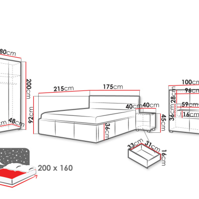 Ložnicová sestava s LED bílým osvětlením a s postelí 160x200 cm CHEMUNG - bílá / lesklá bílá / šedá ekokůže