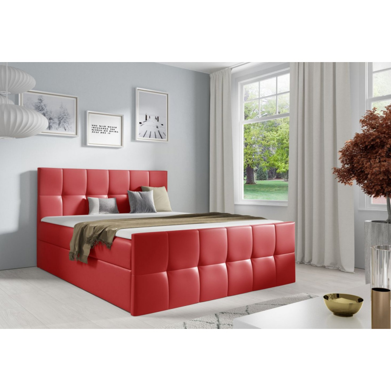 Manželská postel CHLOE - 200x200, červená eko kůže + topper ZDARMA