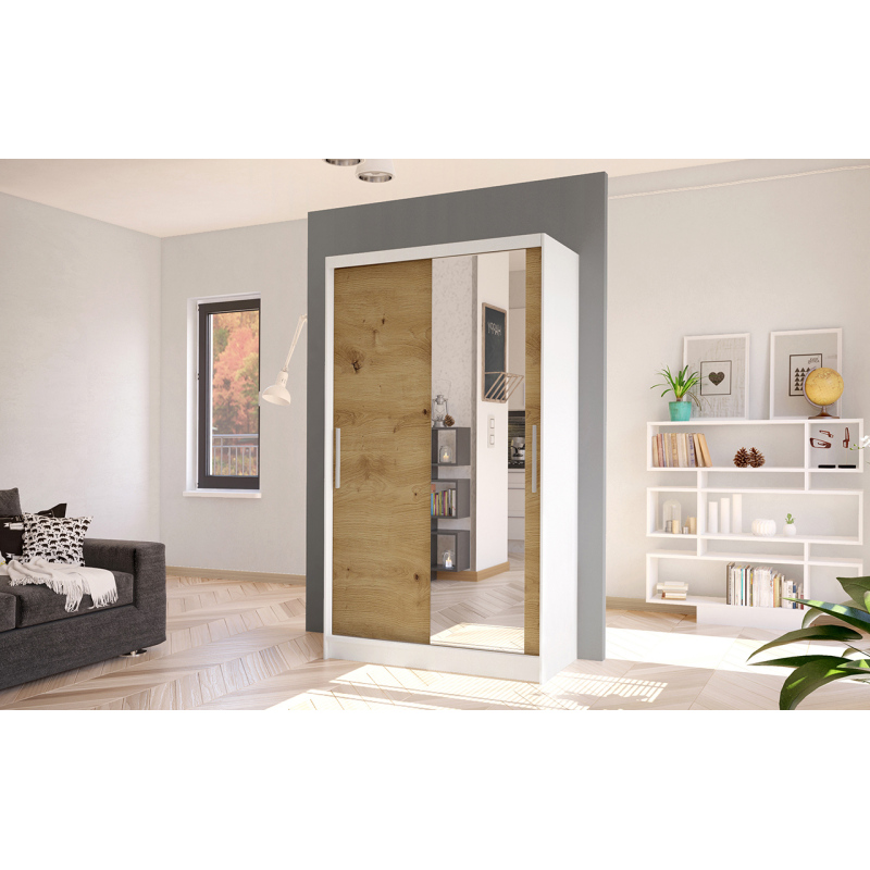 Moderní šatní skříň BRUNO 6 - šířka 100 cm, bílá / dub artisan