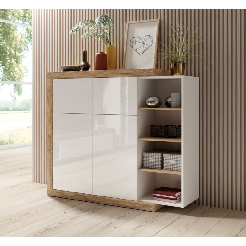 Vysoká komoda KASPAR - dub samdal / bílá