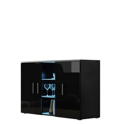 Prosklená komoda s LED modrým osvětlením KARA - černá / lesklá černá