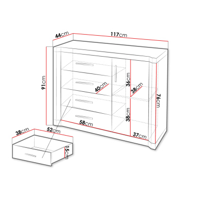 Kombinovaná komoda ARIKA - šířka 117 cm, dub lanýž
