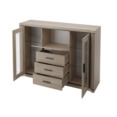 Kombinovaná prosklená komoda ARIKA - šířka 157 cm, dub lanýž