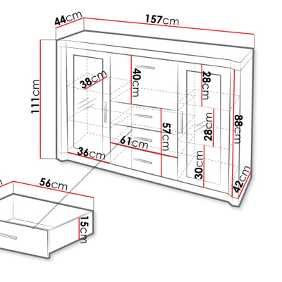 Kombinovaná prosklená komoda ARIKA - šířka 157 cm, dub lanýž
