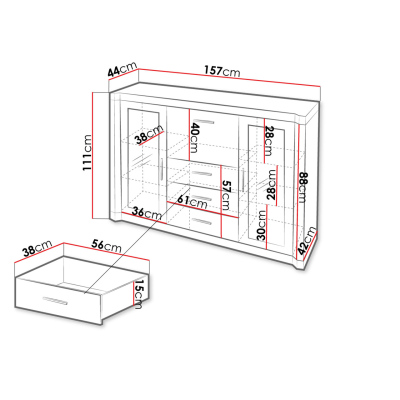 Kombinovaná prosklená komoda ARIKA - šířka 157 cm, dub lanýž