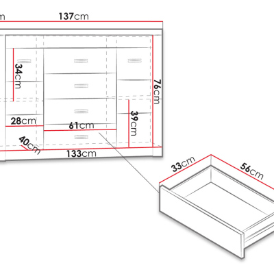 Komoda s LED osvětlením CHALAPATA - šířka 137 cm, jasan tmavý