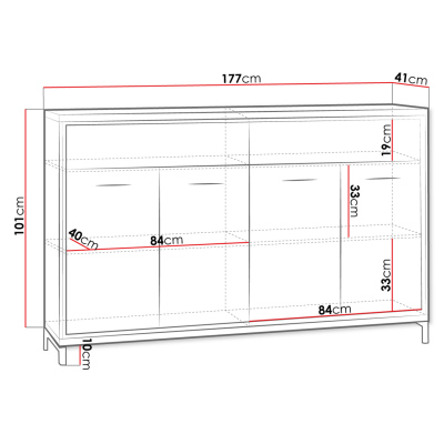 Kombinovaná komoda na nožkách s LED osvětlením SUCRE 3 - ořech hikora / dub