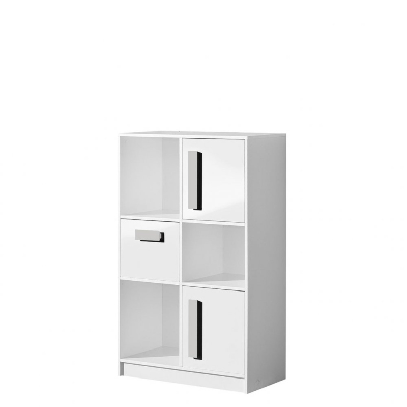 Komoda TUCHIN - bílá / lesklá bílá / šedá