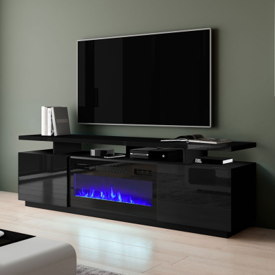 Televizní stolek s krbem SALTA - lesklý černý / černý