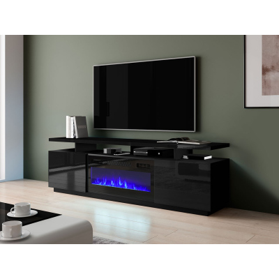 Televizní stolek s krbem SALTA - lesklý černý / černý