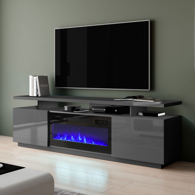 Televizní stolek s krbem SALTA - grafitový / lesklý grafitový / černý