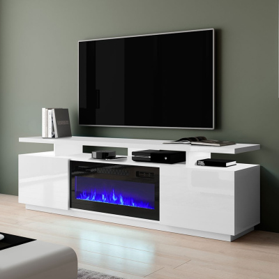 Televizní stolek s krbem SALTA - bílý / lesklý bílý / černý